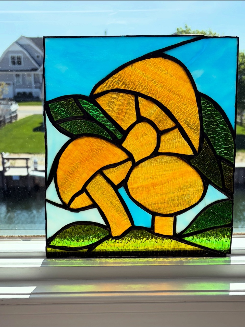 Vintage Handcrafted Stained Glass Mushroom Panel - golden & Green